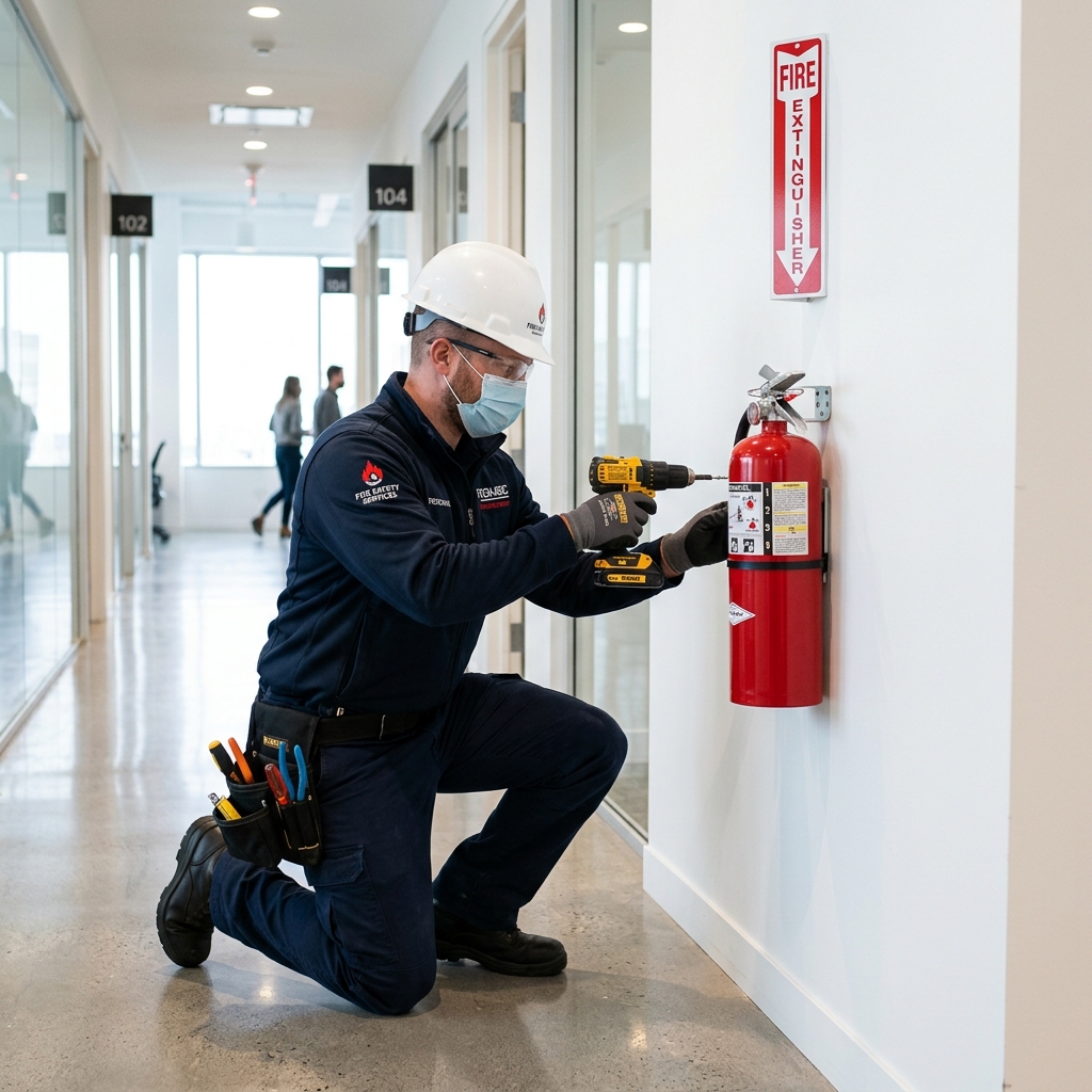 Técnico instalando extintor de incêndio
